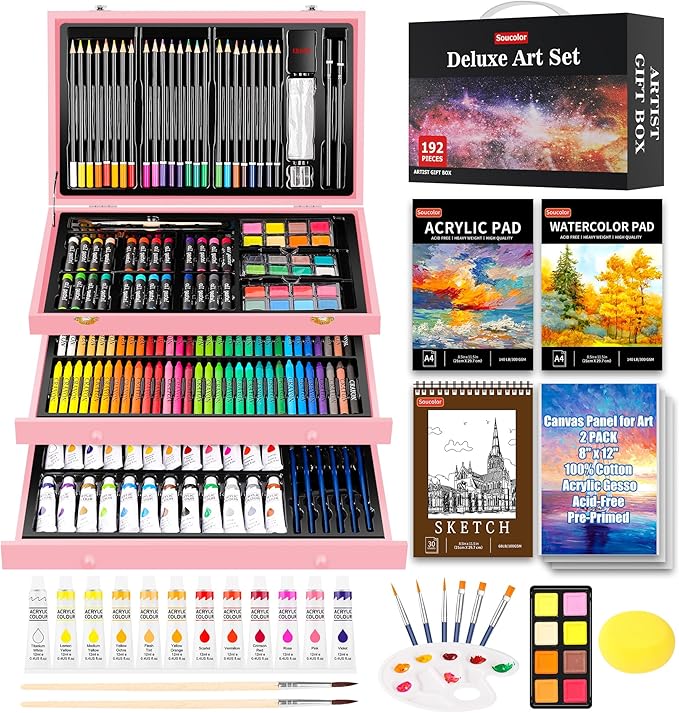 Soucolor Mother Day Birthday Gifts, Art Kits Art Sets, Aesthetic Cute Preppy Stuff Art Supplies, 192-Pack Deluxe Drawing Stuff with Acrylic Pad, Watercolor Book and Sketch Book, Canvases, Brushes