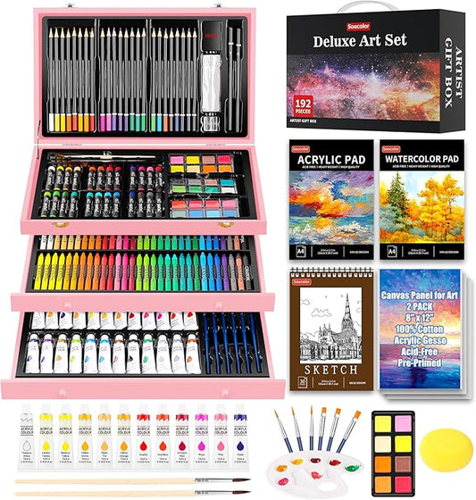 Soucolor Mother Day Birthday Gifts, Art Kits Art Sets, Aesthetic Cute Preppy Stuff Art Supplies, 192-Pack Deluxe Drawing Stuff with Acrylic Pad, Watercolor Book and Sketch Book, Canvases, Brushes