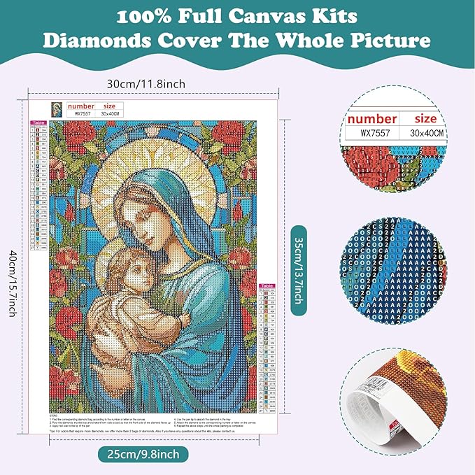 SENQAO Virgin Mary Diamond Painting Kits for Adults, Stained Glass Jesus Diamond Art for Beginners, Round 5D Paint with Diamonds Pictures Gem Art Painting Kits DIY Adult Crafts Kits 12x16inch
