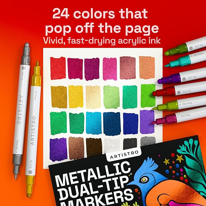 ARTISTRO 24 Metallic Acrylic Paint Markers for Rock, Fabric, Wood, Glass, Eggs - Dual-Tip Paint Pens for Coloring Books for Adults, Teens - Art & Craft Supplies - Gift Idea - Easter Basket Stuffers