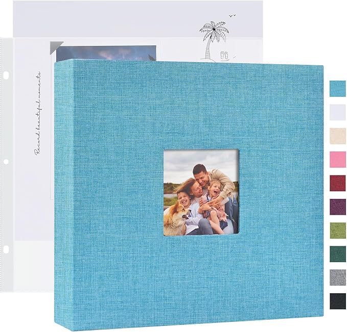 Mublalbum 8x8 Inch DIY Scrapbook Photo Album with 20 Plastic Sleeves 40 Pages Linen Cover 3 Ring Folder Binder for Wedding Baby Family and DIY Projects (Blue)