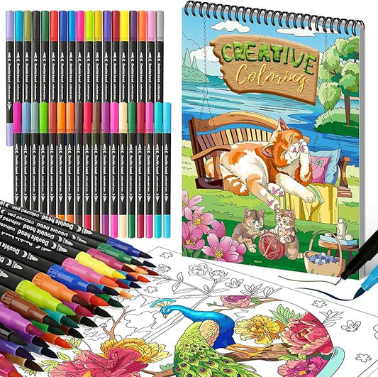 Kalysky Adult Coloring Book with Markers - Spiral Bound Coloring Book for Adults Relaxation with 36 Premium Markers | Stress Relief, Art Therapy, Mindfulness Gift