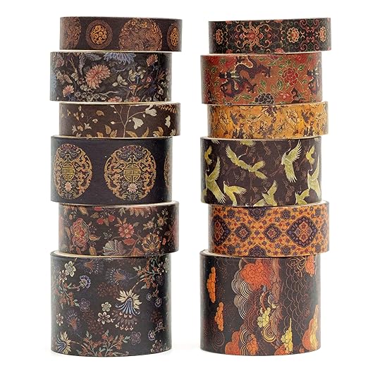12 Rolls Chinoiserie Washi Tape Set Chinese Arts Adhesive Tapes Geometric Garden Decorative Masking Tape Sets for Craft, Kids, Scrapbook, DIY, Gift Wrapping (Whispers of Dragon)