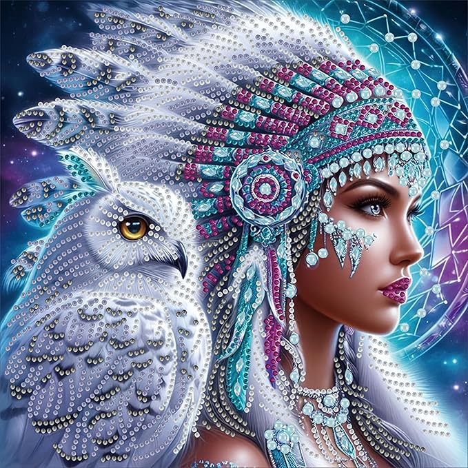 KUFWKEY Native Woman DIY 5D Partial Diamond Painting Kit for Beginners, Owl Diamond Art Kits for Adults,Special Shaped Crystal Sparkling Diamond Art, Frameless Diamond Mosaic Gem Art,12X12 inch