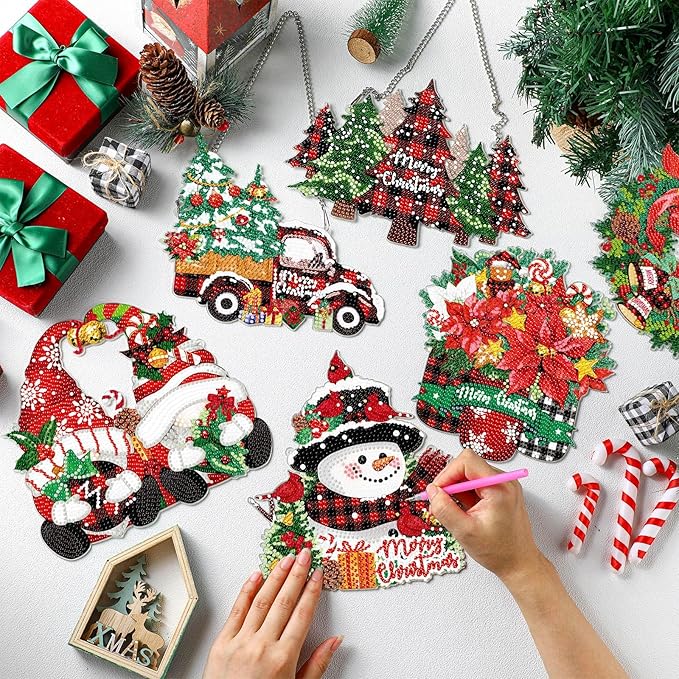 Zonon 6 Pcs Christmas Diamond Painting Hanging Sign Set 5D Gnome Snowman Diamond Art Set for Adults DIY Art Pendant Ornaments Kits Acrylic Christmas Tree Wreath Truck for Wall Window Decor