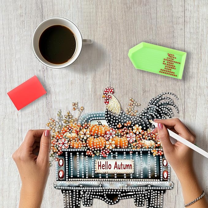 SENQAO Fall Chicken Diamond Art Hanging Kits for Adults Kids, Acrylic Diamonds Painting Pendant Board Kit Truck, Diamond Art Painting Window Pendants Home Garden Wall Hanging Kits Hanging Ornament