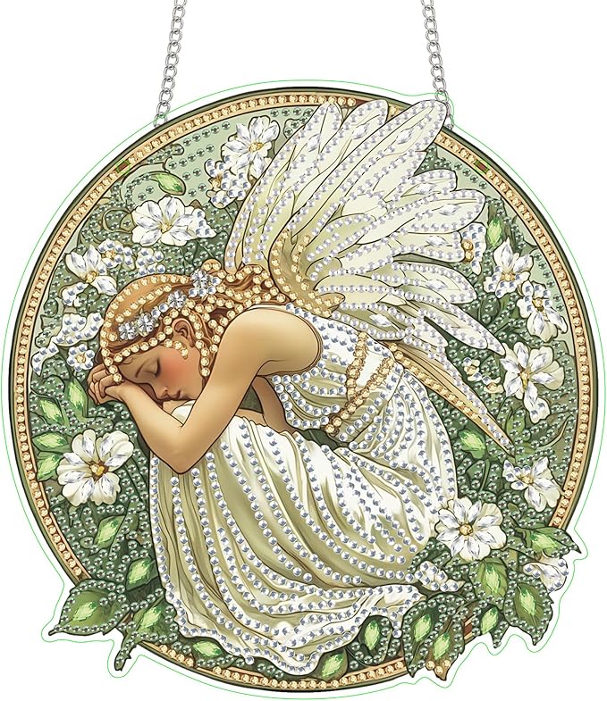 Bimkole Angel Woman Diamond Art Hanging Kit for Adult, DIY 5D Diamond Art Flower Window Pendant, Acrylic Crystal Art Hanging Ornament Home Wall Garden Front Door Sign Outdoor Decor 7.8x7.8 Inch