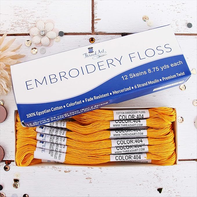 12 Skeins ThreadArt Premium Egyptian Long Fiber Cotton Embroidery Floss | Gold | 6 Strand Divisible Thread 8.75yds Each for Hand Embroidery, Friendship Bracelets, Cross Stitch and Crafts