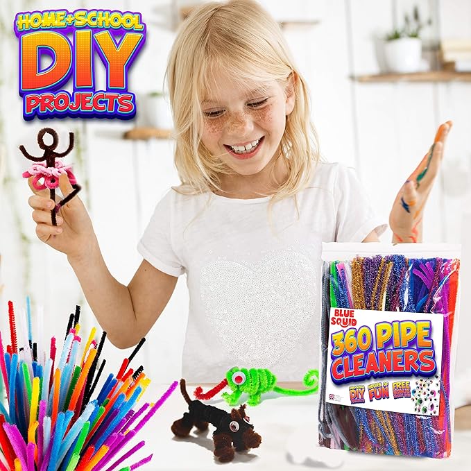 blue squid chenille stems pipe cleaners - 460-piece craft pack with 360 large stem pipe cleaner & 100 googly eyes - flexible long fuzzy sticks for diy arts & crafts, home & school art supplies