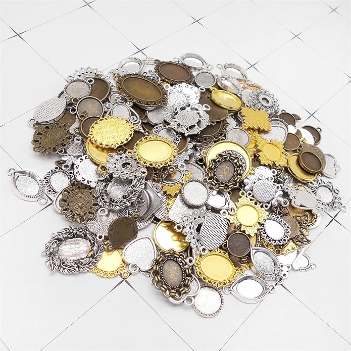 Assorted 60 Pieces Mini Size Blank Bezel Pendant Trays Antique Bronze Silver Golden 0.4-1.6 inches Alloy Cameo Setting for DIY Jewelry Making