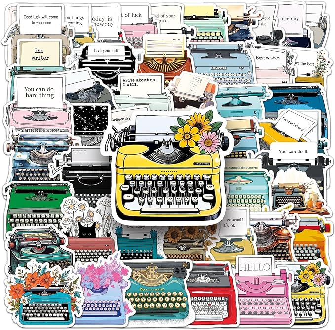 Retro Typewriter Stickers for Scrapbooking,50pcs Vintage Typewriter Decals, Waterproof Vinyl Stickers for Journals, Laptops, Home Decor, Ideal for Kids Adults