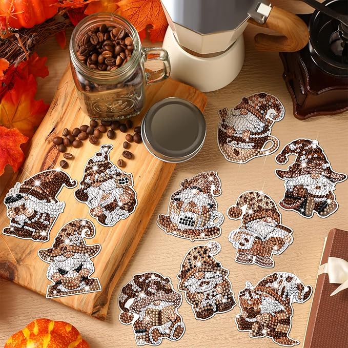 Frienda 12 Pcs Diamond Art Magnets Coffee Gnome Refrigerator Diamond Painting Magnets Easy Kits Interchangeable for Adults Beginners DIY Home Decors Gifts Craft