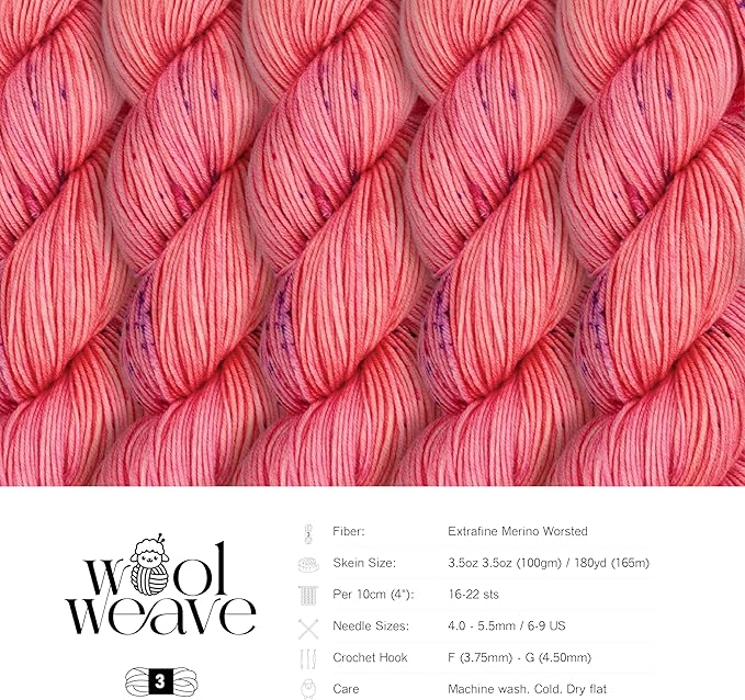 Superwash Merino Wool Yarn for Knitting & Crocheting - Premium Hand Dyed Pink Variegated Yarn, 100gr, 240 Yards, Dk Weight - Luxurious, Soft & Durable