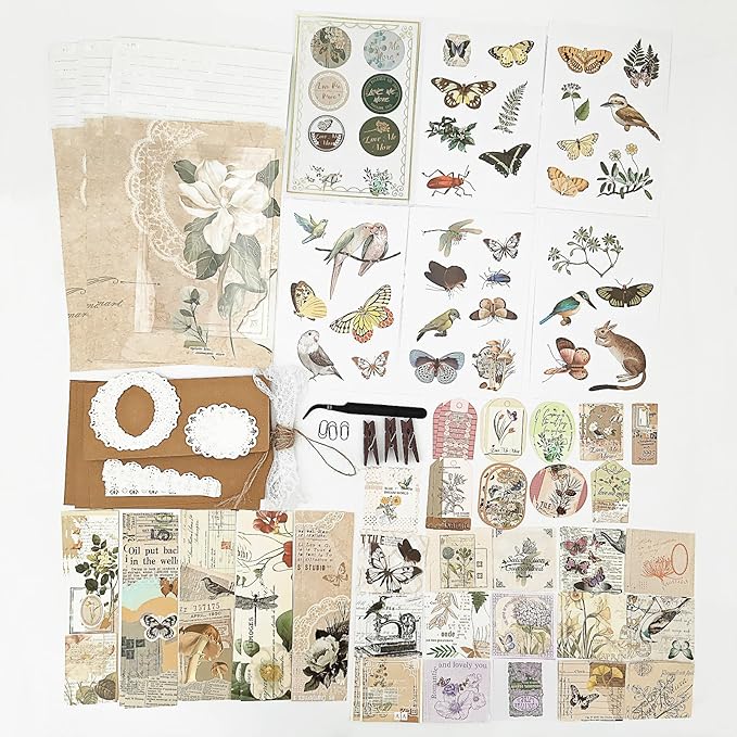 Esweny 251PCS Vintage Scrapbook Supplies Pack, Scrapbooking Paper and Stickers Ephemera Bundle Junk Journal Kit for Art Aesthetic Journaling Collage Decoupage Craft (Flowers and Birds)