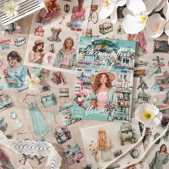Stickers for Journaling, 20 Sheets Fashion Junk Journal Sticker, Cyan PET Washi Materials Scrapbooking Supplies for Adults, People Women Transparent Decorative Art Crafts