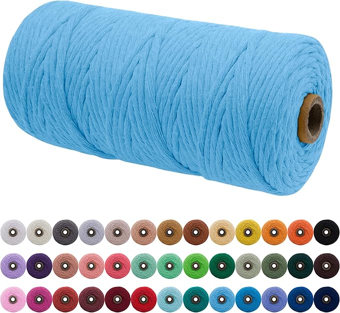 JeogYong Single Strand Macrame Cord 3mm x 109 Yards (328 Feet) Soft Cotton Rope Macrame Yarn 3 mm Macrame Cord, Macrame Supplies for Crafts Wall Hangings Plant Hangers Decorations (Sky Blue)