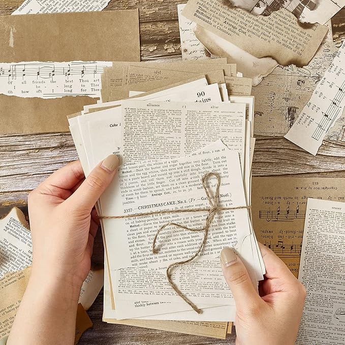 Zonon 114 Pieces 2 Sets Junk Journal Pages Vintage Ephemera Pack Craft Paper Junk Journal Vintage Paper for Albums Planner Decorative Crafts Embellishment Supplies(Old Book and Vellum Series)