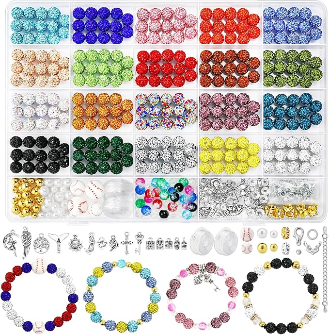 Dowarm 480PCS 10mm Rhinestone Beads Kit for Jewelry Making Baseball Necklace Friendship Bracelet, Round Disco Ball Rhinestone Clay Beading Set with Crackle Spacer Beads Charms for DIY Crafting