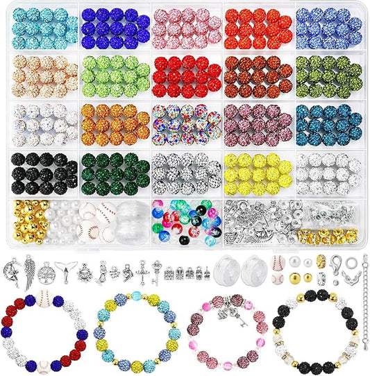 Dowarm 480PCS 10mm Rhinestone Beads Kit for Jewelry Making Baseball Necklace Friendship Bracelet, Round Disco Ball Rhinestone Clay Beading Set with Crackle Spacer Beads Charms for DIY Crafting