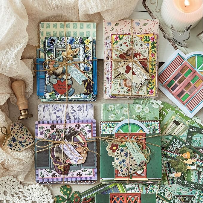 180 Pcs Floral Scrapbooking Paper & Animal Stickers, Embossed Scrapbook Window Frames, 4 Packs Junk Journal Scrapbooking Supplies Kit for Journaling, Embellishments, Card
