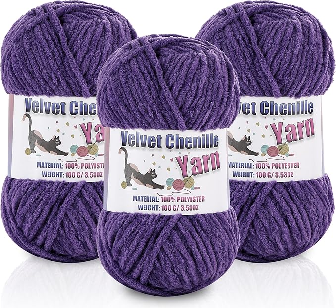 3 * 100g/3.5oz Fluffy Chenille Yarn for Crocheting, Chunky Velvet Yarn for Crochet Amigurumi, Used for Making Baby Yarns Blanket, Clothes, Pattern Knitting Creations (Lavender)