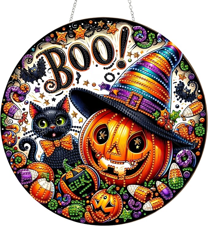DIY Halloween Acrylic Diamond Art Painting Wreath Kits Special Shaped Rhinestone 5D Diamond Art Window Pendants Home Garden Wall Hanging Kits Hanging Ornament (Pumpkin and Cat)