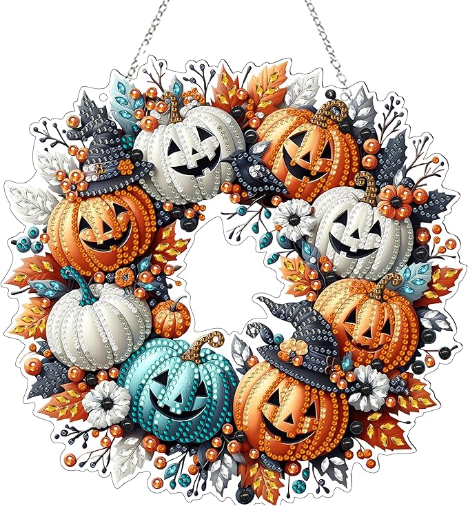 JJFox Diamond Art Hanging Kit for Adult,Special Shaped Rhinestone,Double Sided 5D DIY Acrylic Diamond Art Painting Window Pendants Home Garden Wall Hanging Kits Hanging Ornament (Halloween Pumpkin)