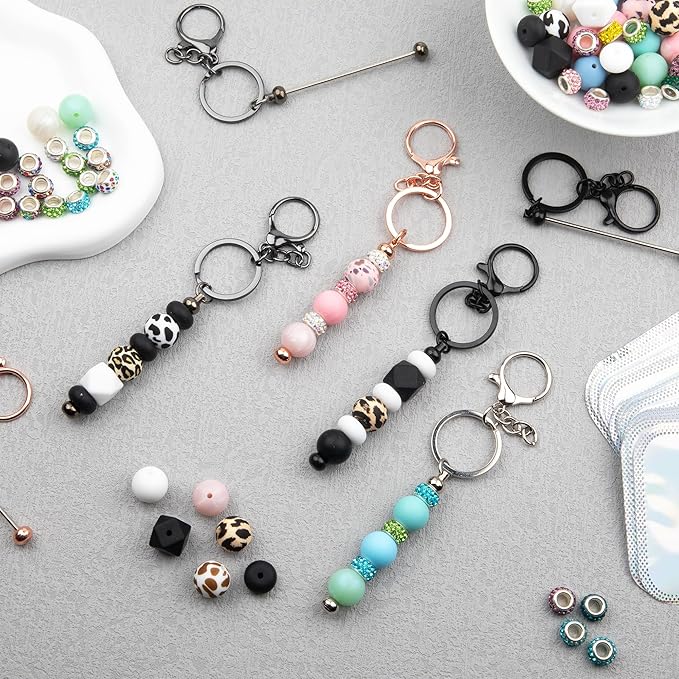 103pcs Beadable Keychains Set Bulk for Keychain Making Kit with Beadable Keychain Bar Silicone Beads Spacer Beads DIY Gifts for Women Men Crafts(Black)