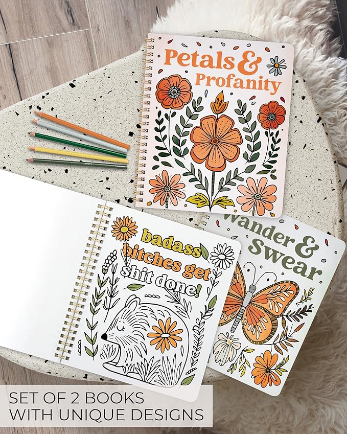 Beautiful Coloring Book Set of 2 for Adult Relaxation - Funny Coloring Books with Floral Designs for a lot of Laughs - The Perfect Stress-Relieving Gift for Women