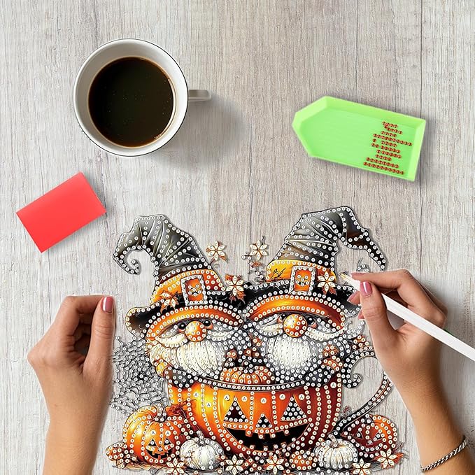 SENQAO Halloween Diamond Art Hanging Kits for Adults Beginners, DIY Acrylic 5D Special Shaped Crystal Diamond Gem Art Painting Hanging Ornament for Home Wall Decor and Gift（Gnome Pumpkin Cup）