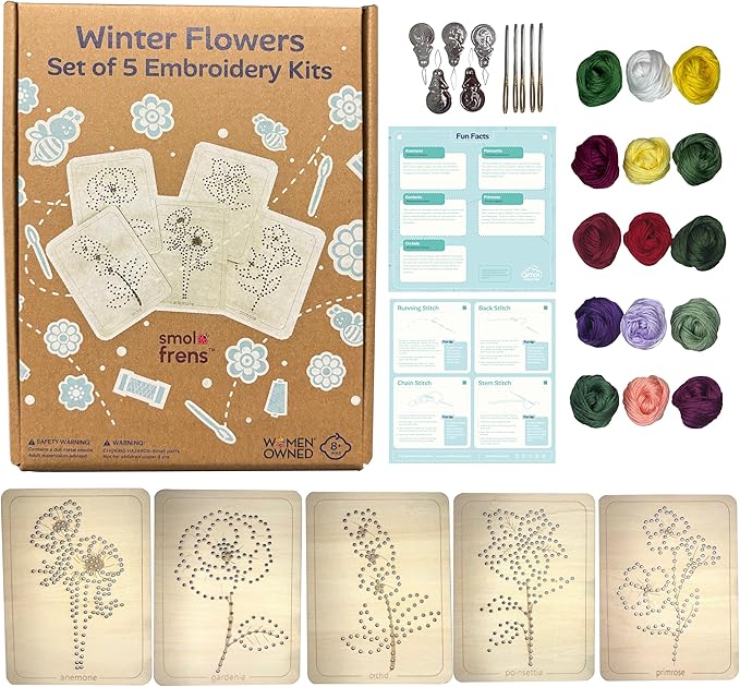 Wooden Flower Lacing Embroidery Kits for Beginners, Set of 5 Learn-to-Stitch Craft Boards, Sewing & Embroidery Art Kits for Kids Ages 8+, DIY Craft Projects, Educational Gifts, Party Favors (Winter)