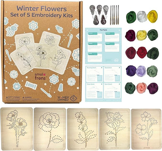 Wooden Flower Lacing Embroidery Kits for Beginners, Set of 5 Learn-to-Stitch Craft Boards, Sewing & Embroidery Art Kits for Kids Ages 8+, DIY Craft Projects, Educational Gifts, Party Favors (Winter)