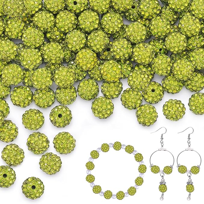 150 pcs 10mm Rhinestone Beads for Jewelry Making, Olivine Shiny Round Shamballa Disco Beads Bulk, Sparkle Crystal Clay Christmas for Bracelet Baseball Necklace Earring Crafting and DIY