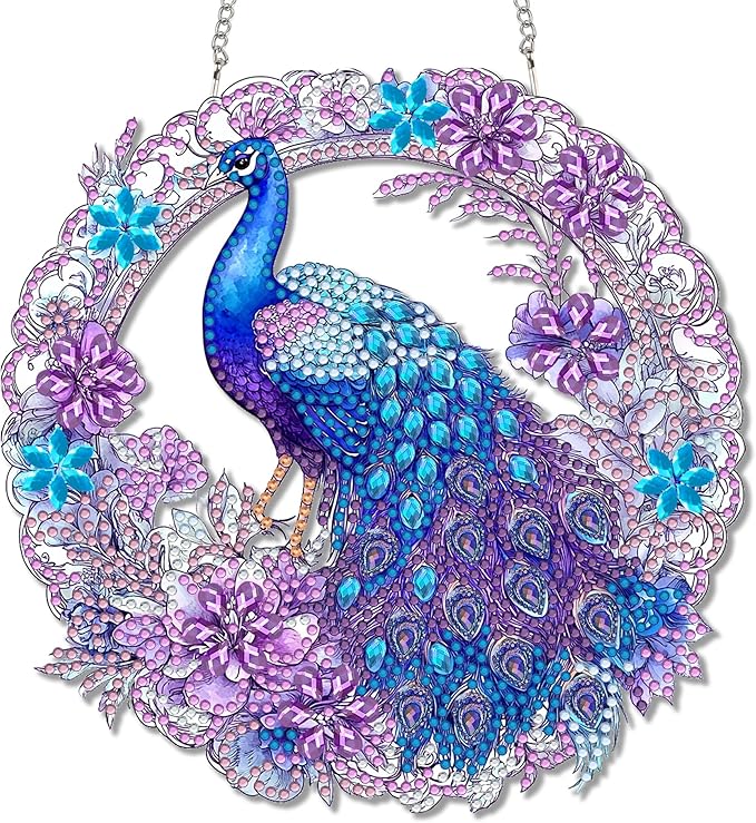 Reofrey Hanging Diamond Art Kits for Adults - 8x8Inch Peacock Animal Acrylic Board Double Sided Pattern Diamond Painting Suncatcher Pendant, Crystal Art for Home Wall Window Decoration Handmade Gift