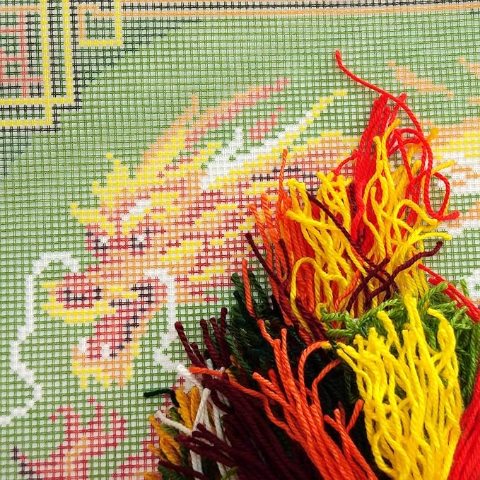 Brvsk Oriental Embroidery Kit for Adults and Beginners — Chinese Dragon 16″ × 16″ with Clear, Precise Printed Design on Cotton Canvas; Includes 2 Needles, Yarn, and Easy-Read Chart