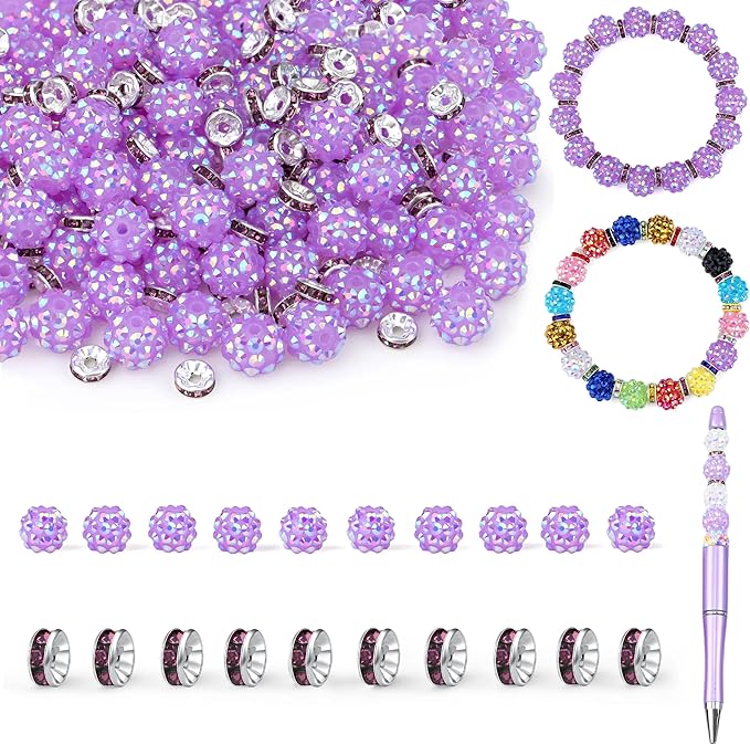 LAIDANLA 250pcs 12mm Purple Rhinestone Beads and 8mm Rondelle Spacer Beads for Beaded Pens, Sparkly Shamballa Disco Ball Bead for Bracelets Necklaces Earring DIY Craft
