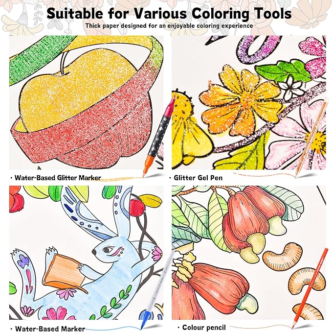 Adult Coloring Book for Women, 2-Pack Fruit and Vegetable Designs, Stress Relief Coloring Books for Adults, 8.5 x 7 Inch Relaxing Art Activity for Mindful Coloring