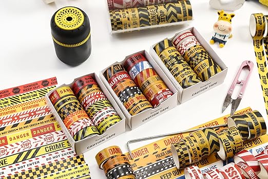 12 Rolls Warning Washi Tape Set Hazard & Caution Pattern Adhesive Tapes Police Line & Industrial Style Decorative Masking Tape for Craft, Scrapbook, DIY, Gift Wrapping (Urban Warning)