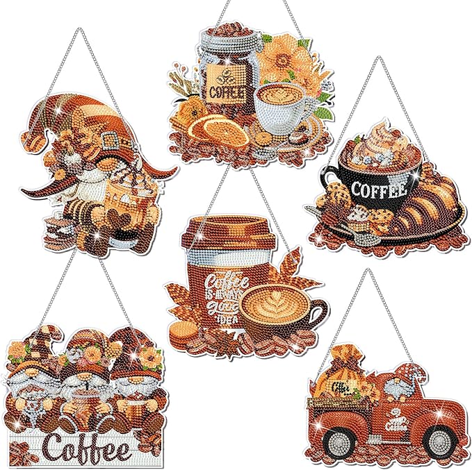Zonon 6 Pcs Coffee Diamond Painting Hanging Sign Set 5d Diamond Art Hanging Craft Kit DIY Pendant Ornaments Kits Crystal for Adults Gift Coffee House Wall Door Home Restaurant Bar Window Decor