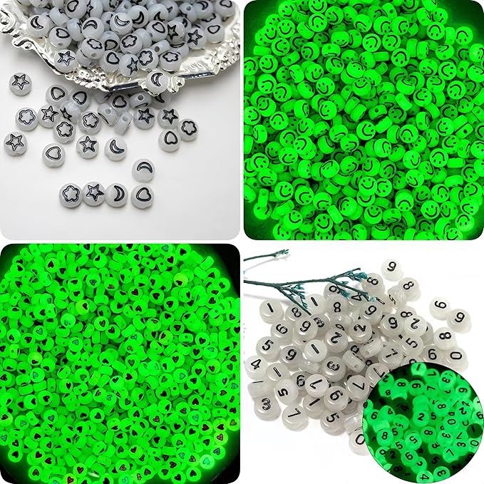 nikkiGuo 1250 PCS Letter Beads Kit with Elastic Cord – Alphabet A–Z, Numbers, Heart, Moon, Star, Smiley Beads for Friendship Bracelets & DIY Jewelry (Glow in The Dark & Black Letters)