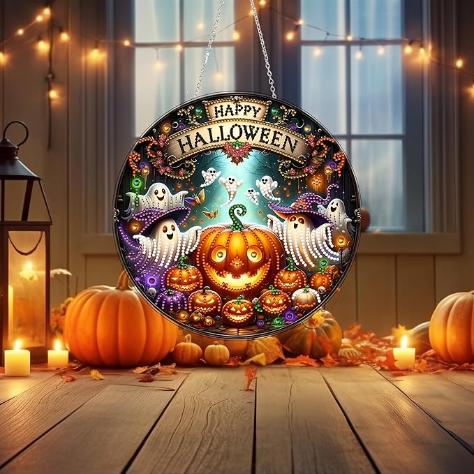 JJFox DIY Halloween Acrylic Diamond Art Painting Wreath Kits Special Shaped Rhinestone Diamond Art Window Pendants Home Garden Wall Hanging Kits Hanging Ornament (Ghosts and Pumpkins)
