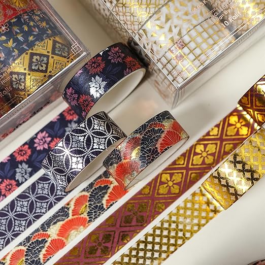 10 Rolls Sakura Washi Tape Set Japanese Arts Adhesive Tapes Gold Silver Foil Decorative Masking Tape Sets for Craft, Kids, Scrapbook, DIY, Gift Wrapping (Sakura Nightfall)