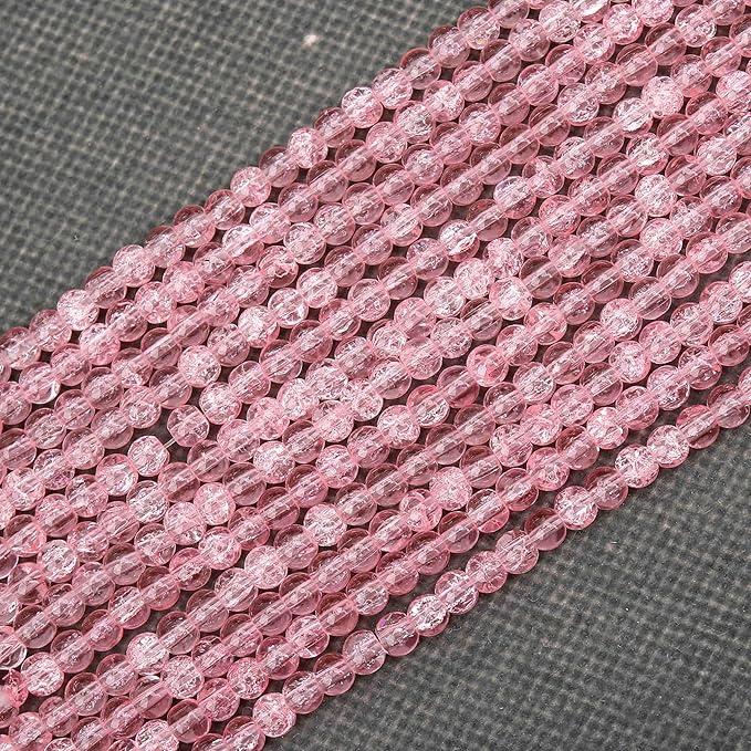 400PCs 4mm Pink Crackle Glass Beads Bulk, Round Smooth Hole Glass Crystal Beads for Jewelry Making, DIY Bracelets, Necklaces, Bag Charms, Keychains and Craft Projects