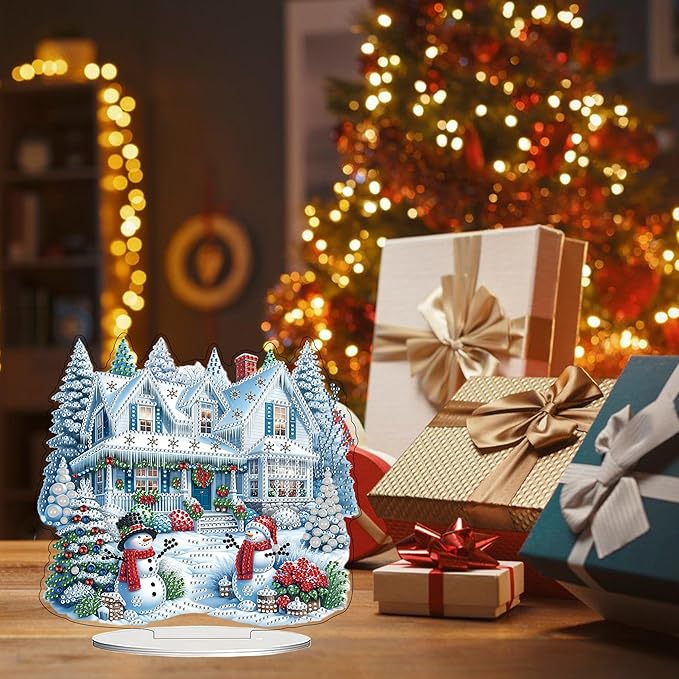 JJFox DIY Tabletop Diamond Art Painting Kit，Desktop Ornament Special Shaped Rhinestone Desk Placement Ornament，Home Stand Up Gem Painting Craft Kit Gift Double Sided (Christmas House)