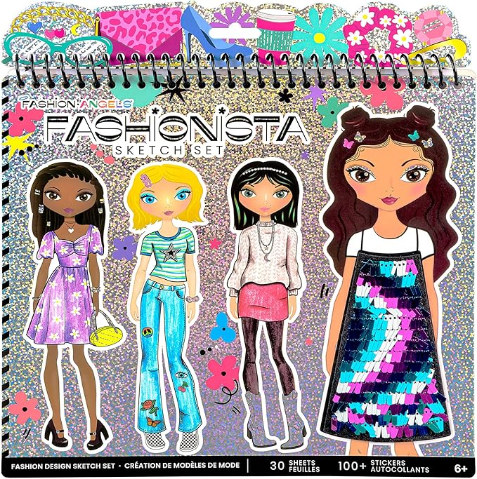 Fashion Angels Fashion Design Sketch Portfolio for Kids - Fashion Design Sketch Book for Beginners, Fashion Sketch Pad with Stencils and Stickers for Kids 6 and Up, Brown