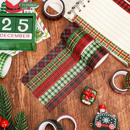 Whaline 12 Rolls Christmas Washi Tape Buffalo Plaid Pattern Red Black Green Xmas Holiday Masking Tape for Scrapbook Journal DIY Craft Gift Wrapping