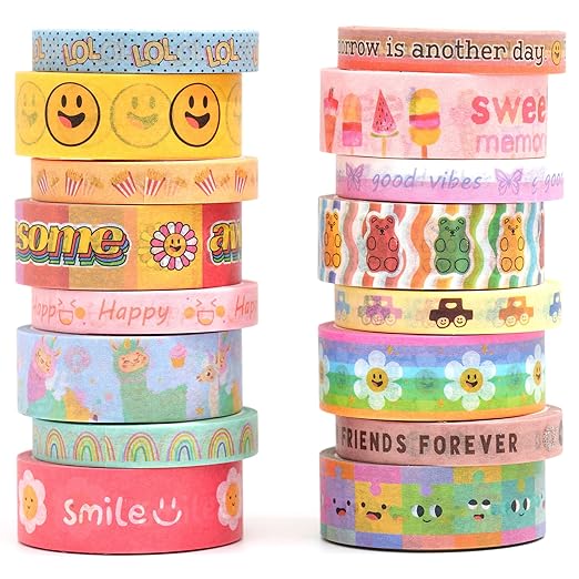 YUBX Cute Cartoon Washi Tape Set 16 Rolls Bright Colors Kawaii Masking Graphic Decorative Tapes for Arts, DIY Crafts, Journals, Planners, Scrapbook, Wrapping
