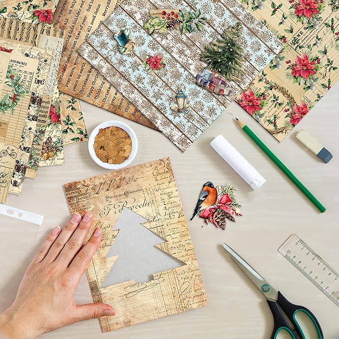 Christmas Pattern Scrapbook Paper, 6 Inch Card Production Supplies, 24 Sheets Single Sided Acid-Free Cardstock Greeting Card, Handmade Gift Journaling Craft Kits (E-style)