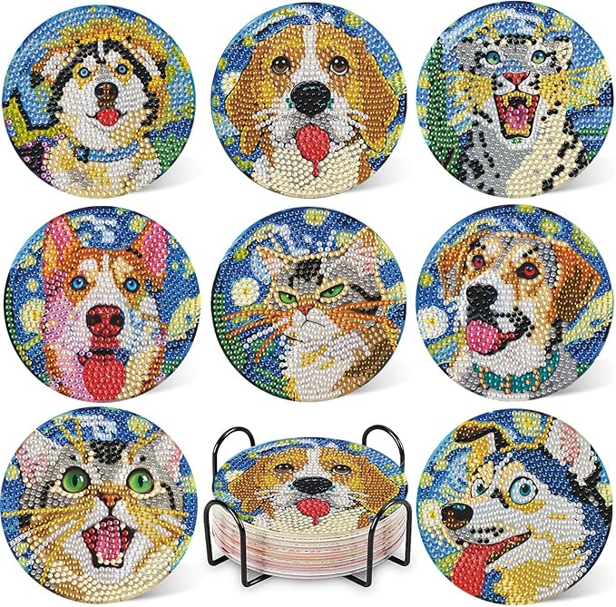 DOTZSO 8 Pcs Animal Diamond Art Coaster Kits with Holder,Diamond Painting Coasters for Adults Beginners,Party Home Decor Abstract,Fun Gifts for Women