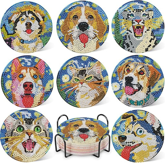 DOTZSO 8 Pcs Animal Diamond Art Coaster Kits with Holder,Diamond Painting Coasters for Adults Beginners,Party Home Decor Abstract,Fun Gifts for Women